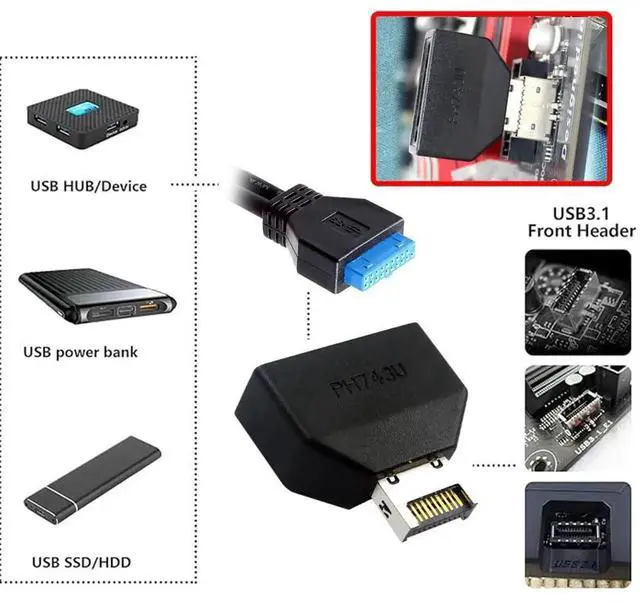 Alt view image 5 of 7 - JAENFONG Type-E Key-A to 20Pin Header 10Gbps Overmold IDC Socket USB 3.1 Front Panel Header to USB 3.0 19Pin Extension Connector Adapter with CH334P