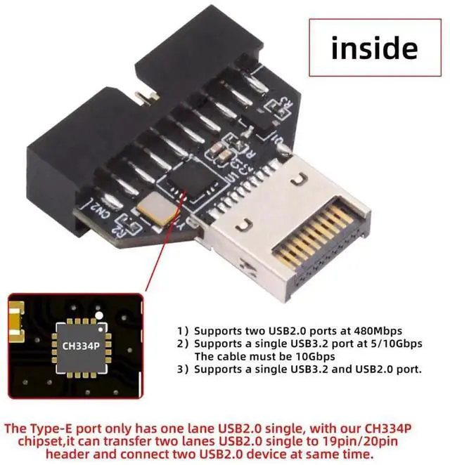 Alt view image 2 of 7 - JAENFONG Type-E Key-A to 20Pin Header 10Gbps Overmold IDC Socket USB 3.1 Front Panel Header to USB 3.0 19Pin Extension Connector Adapter with CH334P