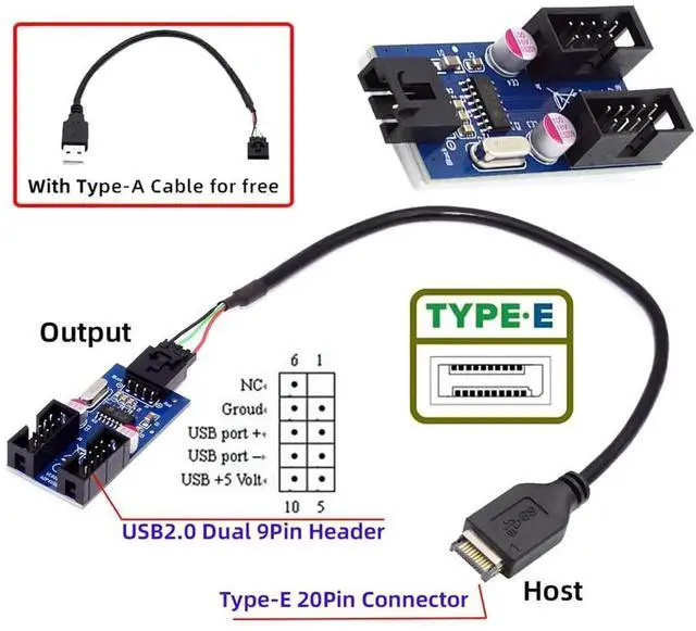 Alt view image 3 of 7 - JAENFONG USB 3.1 Type-E Front Panel Header to 4pin IDC Housing USB Type-A Male 1 to 2 Female Motherboard 9pin Header HUB Adapter Port Multiplier