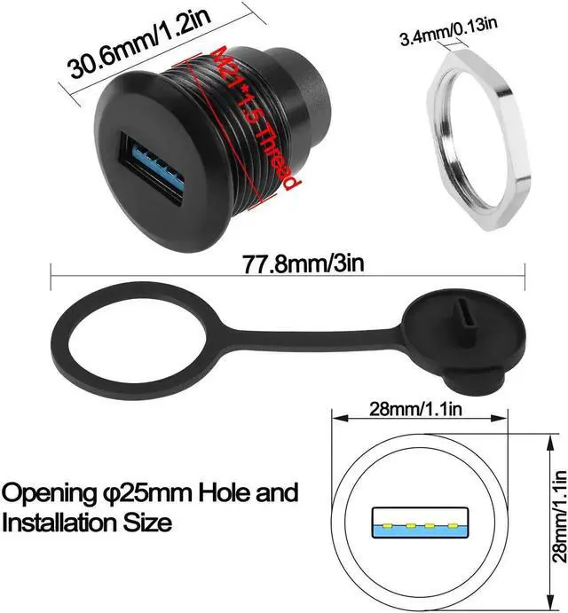 Alt view image 3 of 7 - JAENFONG USB 3.0 to USB C Embedded Threaded Fixed Adapter 5Gbps USB 3.0 Female to USB C Female Panel Mount Converter Connector USB 3.0 to USB C Round Connector Socket, with Waterproof Dust Cap