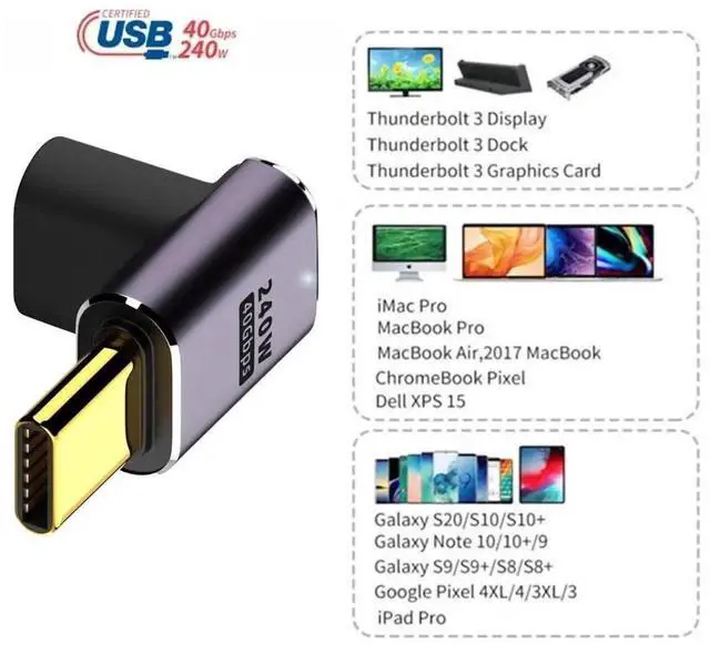 Alt view image 7 of 7 - JAENFONG USB4 Type C Male to Female 240W Power 40Gbps Data 8K Video Adapter Low Profile Up Down Angled for NS Phone Laptop