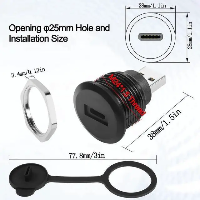 Alt view image 5 of 7 - JAENFONG USB C Adapter - USB 3.0 Male to USB C Female Circular Connector - 5Gbps Data Transfer, Water/Dust Proof, Mount Socket