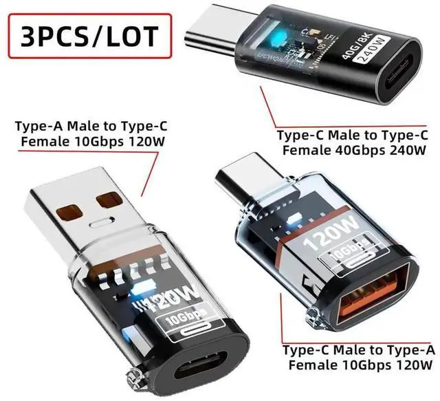 Alt view image 6 of 7 - JAENFONG 3pcs/Set USB-C Adapter Type-C Smart LED to USB3.2 Type-A Adapter OTG 10Gbps 40Gbps 120W 240W Data Fast Charging Tester Detector