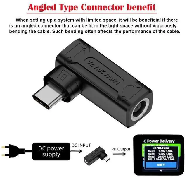 Alt view image 7 of 7 - JAENFONG 90 Degree Angled DC Jack 7.4x5.0mm Input to USB-C Type-C 140W 100W Power Plug Charge Adapter for Laptop Phone