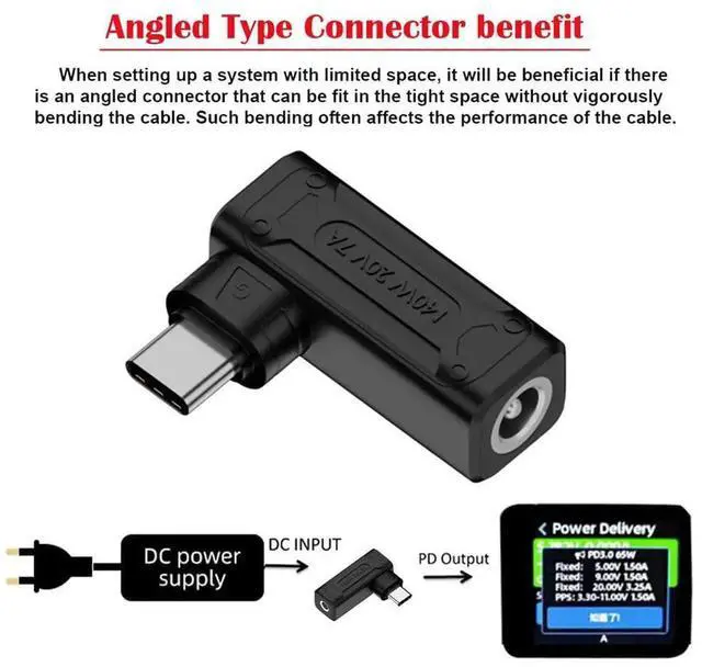 Alt view image 6 of 7 - JAENFONG 90 Degree Angled DC Jack 5.5x2.1mm Input to USB-C Type-C 140W 100W Power Plug Charge Adapter for Laptop Phone
