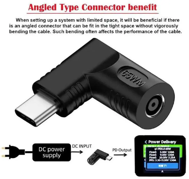 Alt view image 5 of 7 - JAENFONG DC Jack 4.5x3.0mm Input to USB-C Adapter Type-C Connector Angled 90 Degree Power Plug Charge Adapter for Laptop Phone 65W