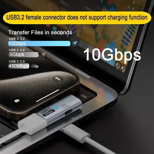 Alt view image 3 of 6 - JAENFONG USB C 1 in 2 Charging OTG Adapter USB C Male to USB C Female & USB3.2 Female 90° Angle Connector, Same time USB C PD100W Charging+USB3.2 10Gpbs Transfer/OTG, for Phone Tablet Steam Deck