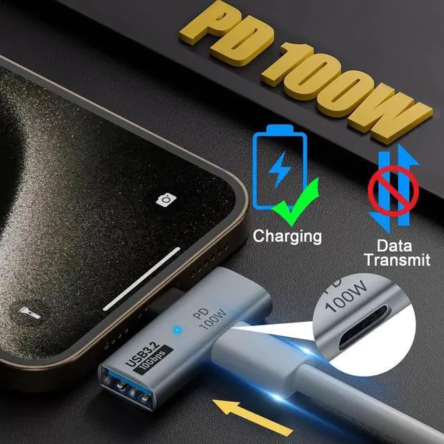 Alt view image 2 of 6 - JAENFONG USB C 1 in 2 Charging OTG Adapter USB C Male to USB C Female & USB3.2 Female 90° Angle Connector, Same time USB C PD100W Charging+USB3.2 10Gpbs Transfer/OTG, for Phone Tablet Steam Deck