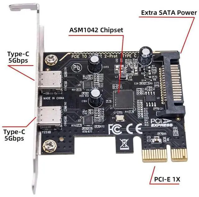 Alt view image 6 of 7 - JAENFONG USB PCI-E Express 1x Card USB3.1 Gen1 5Gbps Dual Type-C USB-C Female to PCI-E Adapter ASM1042 with Low Profile Bracket
