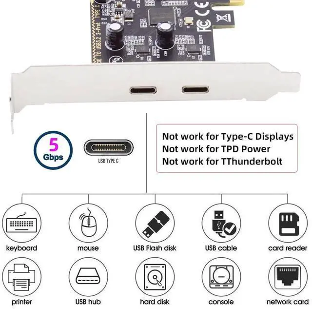 Alt view image 7 of 7 - JAENFONG USB PCI-E Express 1x Card USB3.1 Gen1 5Gbps Dual Type-C USB-C Female to PCI-E Adapter ASM1042 with Low Profile Bracket