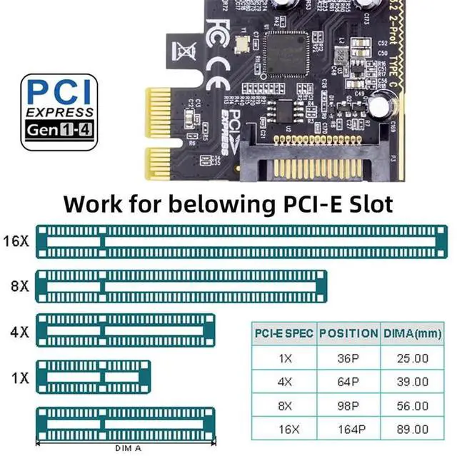 Alt view image 5 of 7 - JAENFONG USB PCI-E Express 1x Card USB3.1 Gen1 5Gbps Dual Type-C USB-C Female to PCI-E Adapter ASM1042 with Low Profile Bracket