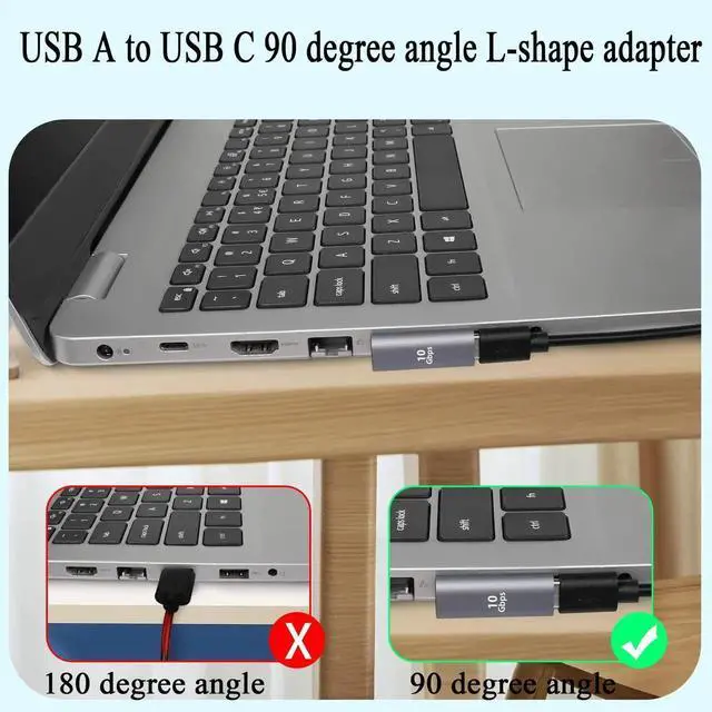 Alt view image 5 of 6 - JAENFONG 90° Angle USB C to USB Adapter 10Gbps USB 3.1 Male to USB C Female Left Angle L-Shape Connector,Al Alloy Support 100W Charging, for PC Laptop Tablet, 2Pcs (Left Angle Vertical Bend)