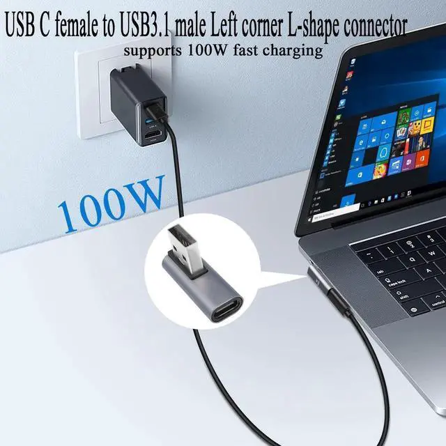 Alt view image 4 of 6 - JAENFONG 90° Angle USB C to USB Adapter 10Gbps USB 3.1 Male to USB C Female Left Angle L-Shape Connector,Al Alloy Support 100W Charging, for PC Laptop Tablet, 2Pcs (Left Angle Vertical Bend)