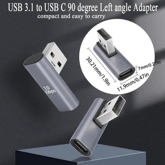 Alt view image 2 of 6 - JAENFONG 90° Angle USB C to USB Adapter 10Gbps USB 3.1 Male to USB C Female Left Angle L-Shape Connector,Al Alloy Support 100W Charging, for PC Laptop Tablet, 2Pcs (Left Angle Vertical Bend)