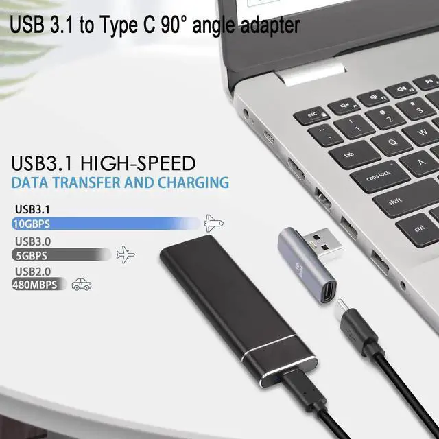 Alt view image 6 of 6 - JAENFONG 90° Angle USB C to USB Adapter 10Gbps USB 3.1 Male to USB C Female Left Angle L-Shape Connector,Al Alloy Support 100W Charging, for PC Laptop Tablet, 2Pcs (Left Angle Vertical Bend)