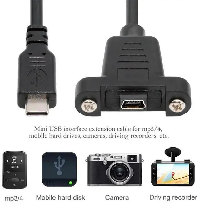 Alt view image 3 of 7 - JAENFONG USB 2.0 Extension Cable 1FT, Mini USB 5 Pin Connector to USB-C Male Charger 480Mbps Data Cords Panel Mount Screw for Portable Hard Drive, Camera, MP3 Player, GPS Receiver and More