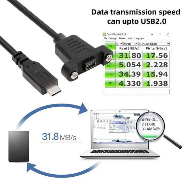 Alt view image 5 of 7 - JAENFONG USB 2.0 Extension Cable 1FT, Mini USB 5 Pin Connector to USB-C Male Charger 480Mbps Data Cords Panel Mount Screw for Portable Hard Drive, Camera, MP3 Player, GPS Receiver and More