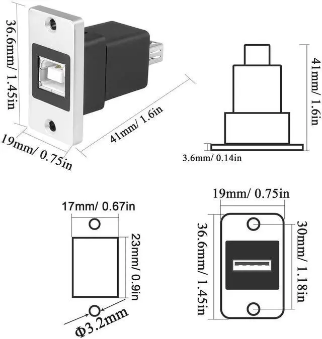 Alt view image 3 of 7 - JAENFONG USB B to USB 2.0 Rectangular Panel Print Adapter USB B Female to USB 2.0 Female Fixed Mount Data Connector, Mounted on Desktop, Device Board, for Printer Scanner Fax Hard Drive