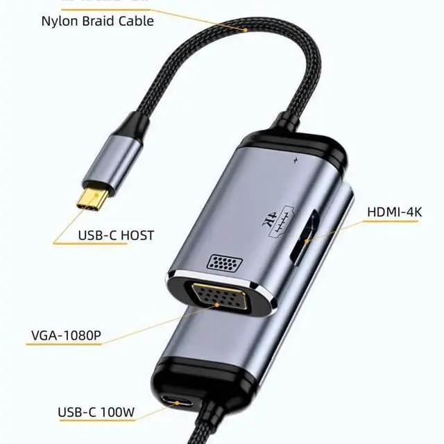 Alt view image 6 of 6 - JAENFONG Type C USB3.1 USB-C to HDMI VGA Converter HDTV Multiport Displays Adapter 4K 60hz 1080p with Female PD 100W Power Port