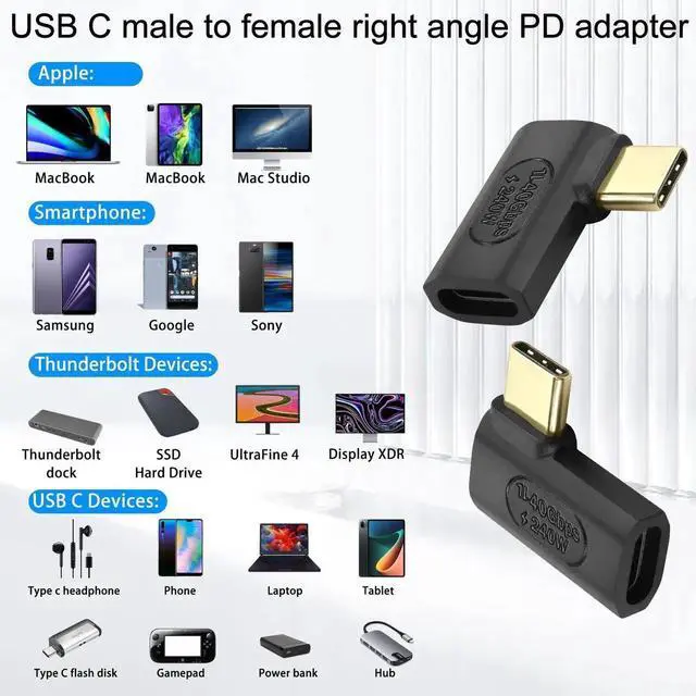 Alt view image 6 of 6 - JAENFONG 240W USB4.0 C 90° Angle Adapter 40Gbps USB C 4.0 Male to Female L Shaped Angled Connector PD240W/50V Charging,8K Audio/Video Transfer,for Tablet Smartphone Steam Deck, 2Pcs(Side Bend)