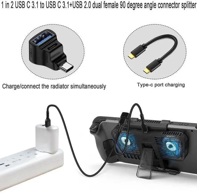 Alt view image 6 of 7 - JAENFONG 90 Angle USB-C 1 in 2 Adapter, USB 3.1 Male to USB 3.1+USB 2.0 Dual Female,Perfect for Phone, Laptop, Tablet, Steam Deck, Switch 20Gbps/100W Charging & Projection