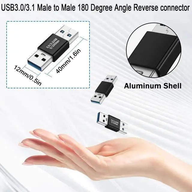 Alt view image 6 of 6 - JAENFONG USB3.0 Male to Male 180 Degree Adapter Extender 5Gbps USB3.0 USB3.1 Gen1 Plug to Plug Data Charging Reverse Angle Connector 5V/3A, Al Shell, for Extension USB PC Laptop Tablet PC,2Pcs