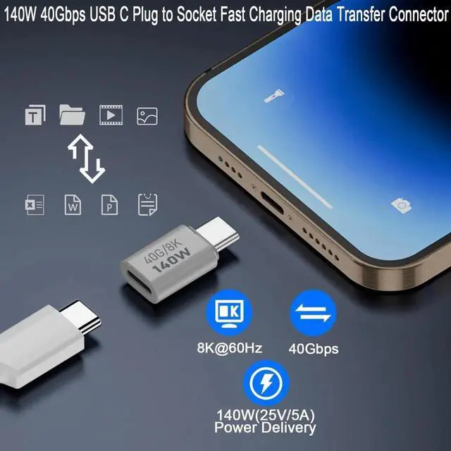 Alt view image 5 of 7 - JAENFONG 140W USB C Adapter Extender 40Gbps USB Type C 4.0 Male to Female Data Connector, Support PD140W (28V5A)/8K@60Hz Cast Screen, Al Alloy Hull, for Thunderbolt 3 iPhone 15 Steam Deck, 2Pcs