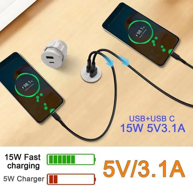 Alt view image 2 of 7 - JAENFONG USB C & USB Embedded Mount Quick Charging Connector 15W Type C + USB Threaded Fixed Adapter 2 Port Charging Socket 5V/3.1A,LED Light,Mount on Furniture Desktop, White (only USB Charge)