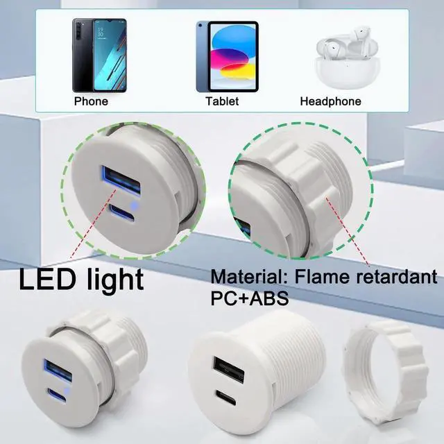Alt view image 4 of 7 - JAENFONG USB C & USB Embedded Mount Quick Charging Connector 15W Type C + USB Threaded Fixed Adapter 2 Port Charging Socket 5V/3.1A,LED Light,Mount on Furniture Desktop, White (only USB Charge)