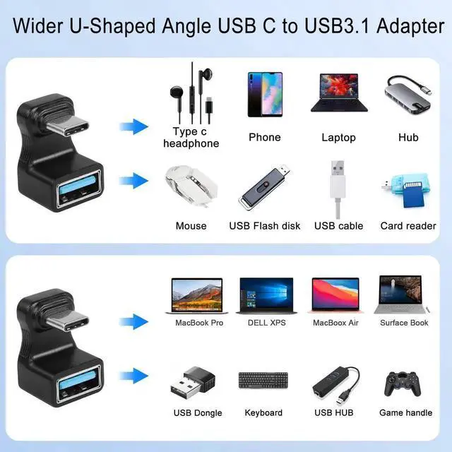 Alt view image 2 of 7 - JAENFONG Wider U-Shaped Angle USB C to USB3.1 Adapter 10Gbps Type C Male to USB3.1 Female Wide Distance 180° Angle Connector,for Audio/Video Transfer OTG,for Steam Deck Smartphone Laptop Tablet,2Pcs