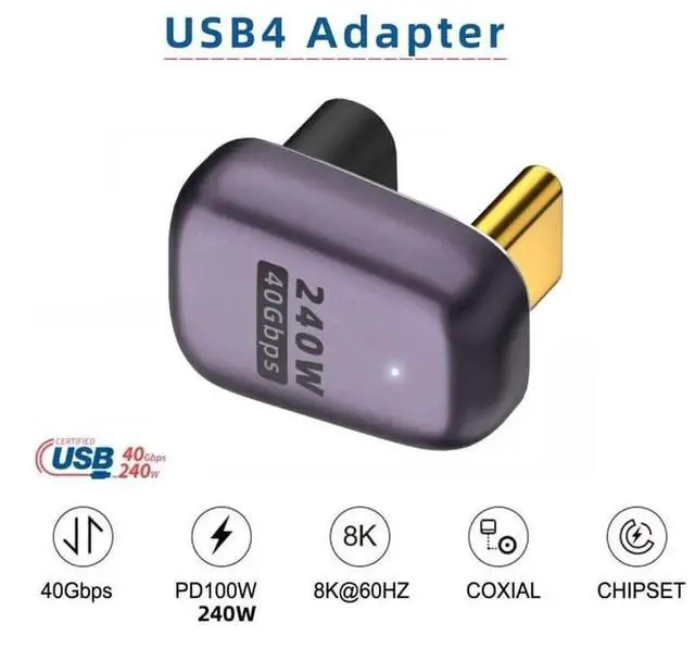 Alt view image 5 of 7 - JAENFONG USB4 240W 40Gbps 8K 60Hz Adapter, Type C Male to Female 240W Power 40Gbps Data 8K Video Adapter for NS Phone Laptop (Male to Female Opposite U Shape Back Angled)