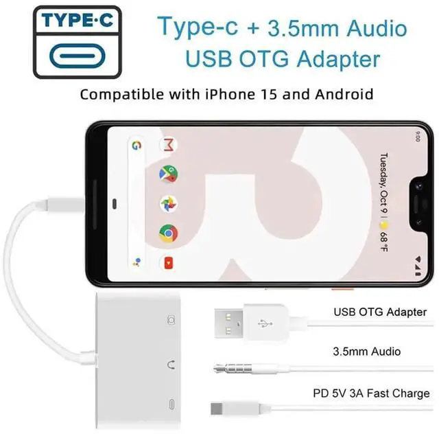 Alt view image 5 of 7 - JAENFONG USB C Hub Type C to 3.5mm Audio AUX & Type-A USB2.0 OTG Female with PD Power Charge Adapter 3 in 1 USB Extender Compatible with Laptop Tablet Phone