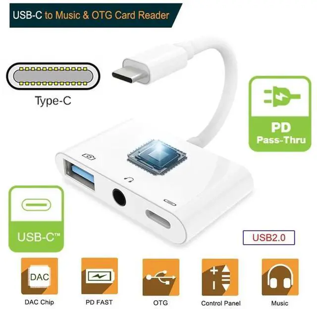 Alt view image 6 of 7 - JAENFONG USB C Hub Type C to 3.5mm Audio AUX & Type-A USB2.0 OTG Female with PD Power Charge Adapter 3 in 1 USB Extender Compatible with Laptop Tablet Phone