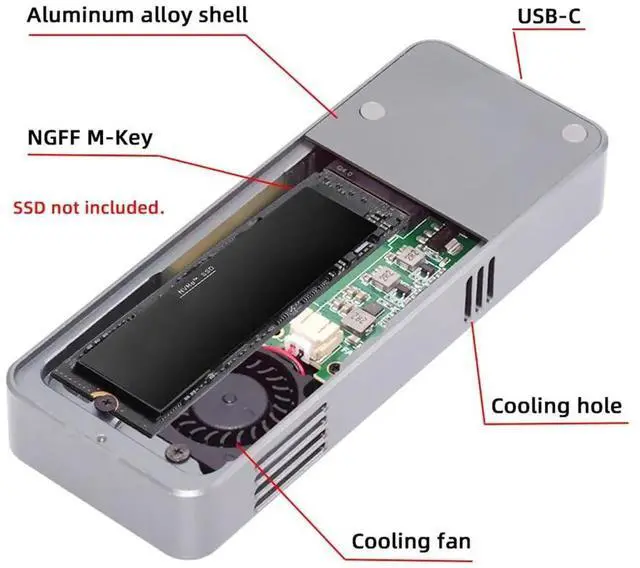 Alt view image 5 of 7 - JAENFONG 40Gbps USB4 Type-C to PCI-E 4.0 X4 NVMe Aluminum M.2 Enclosure NGFF M-Key with Cooling Fan, Anti-Drop SSD Case USB-C 20Gbps ASM2464 Chipset