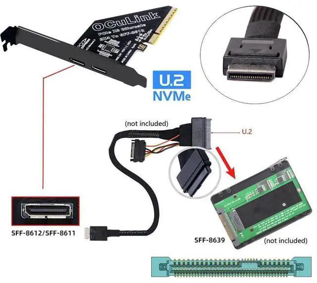 Alt view image 5 of 7 - JAENFONG PCI-Express 4.0 8X PCIE Detachable to Dual Oculink 4X SFF-8612 SFF-8611 VROC Raid0 Adapter for U.2 SSD eGPU Graphics Card External Dock