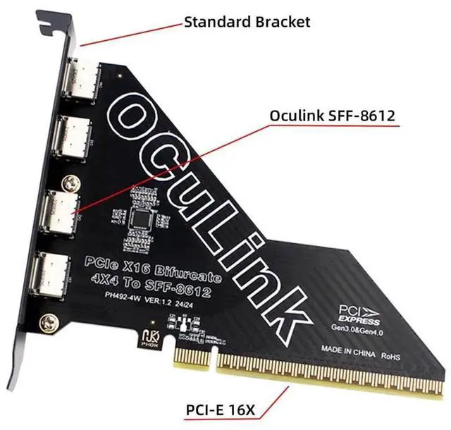 Alt view image 2 of 7 - JAENFONG PCI-Express 4.0 16x PCIE Detachable to Four Oculink SFF-8612 SFF-8611 VROC Raid0 External Adapter for U.2 SSD eGPU External Graphics Card Dock