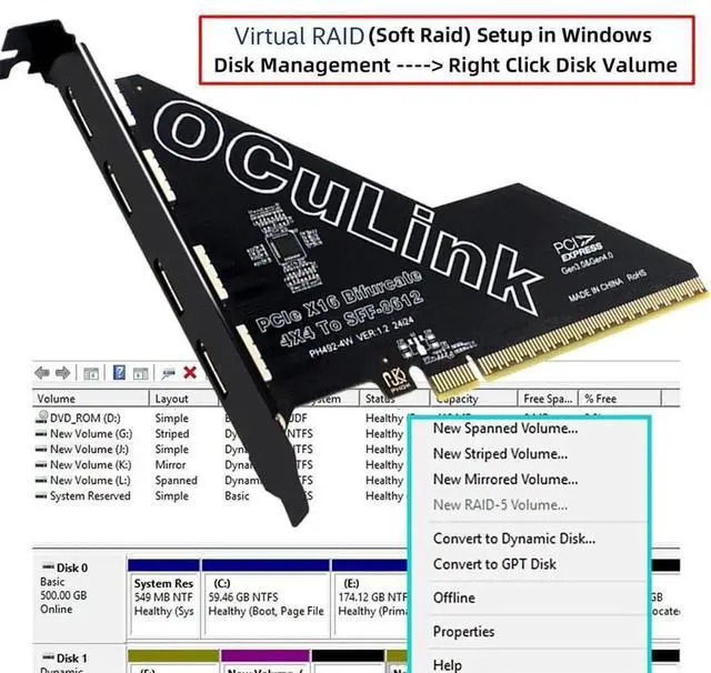 Alt view image 5 of 7 - JAENFONG PCI-Express 4.0 16x PCIE Detachable to Four Oculink SFF-8612 SFF-8611 VROC Raid0 External Adapter for U.2 SSD eGPU External Graphics Card Dock