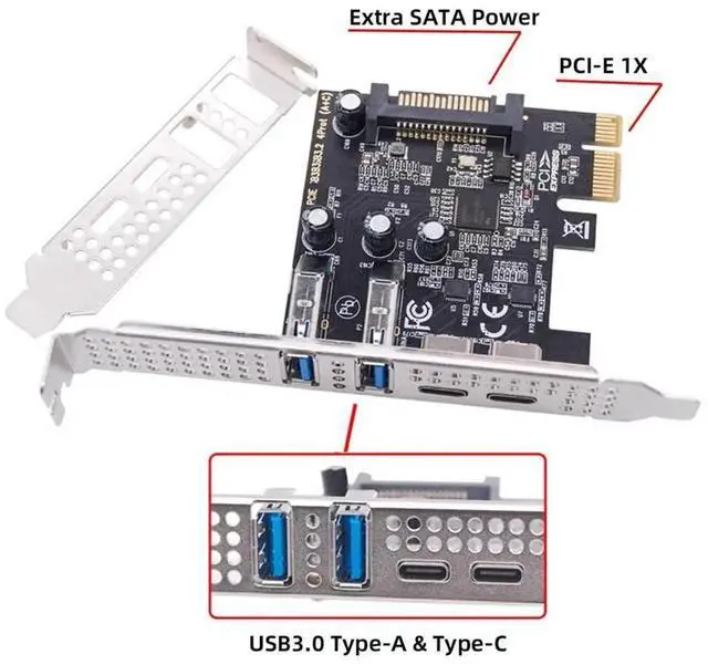Alt view image 4 of 7 - JAENFONG USB3.1 Gen1 5Gbps Dual Type-A & Type-C USB-C Female to PCI-E Card Adapter USB PCI-E Express 1x uPD720201 with Low Profile Bracket