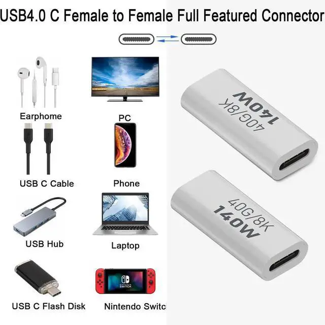 Alt view image 4 of 7 - JAENFONG 140W USB4.0 C Female to Female Data Adapter Coupler 40Gbps USB4.0 Type C Jack to Jack Charging Connector Extender PD140W/8K@60Hz, Al Hull, for Thunderbolt 3 iPhone 15 Steam Deck, 2Pcs