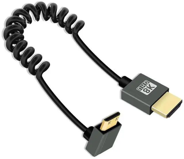 Main image of JAENFONG 8K Down Angle Mini HDMI to HDMI Coiled Cable 2.2FT, 270 Degree Short HDMI to Mini HDMI Cable, Spring Spiral Hdmi 2.1 Cable 8K@60Hz 48Gbps for Camera/Camcorder/HDTV/Tablet