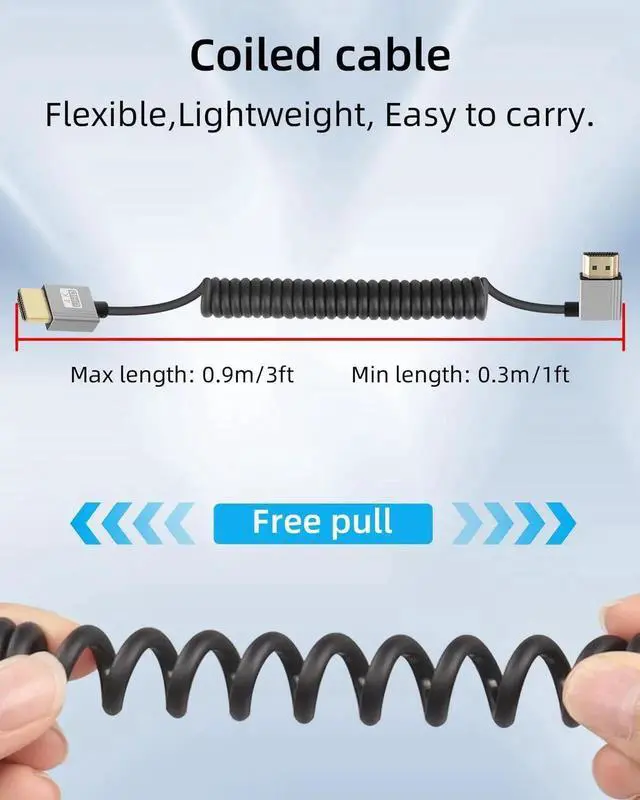 Alt view image 4 of 7 - JAENFONG 4K Left Angle HDMI Coiled Cable 2.2FT,90 Degree Short HDMI to HDMI Cable, Spring Spiral HDMI 2.0 Cable 4K@120Hz 18Gbps for Camera/TV/Capture Cards/Tablet