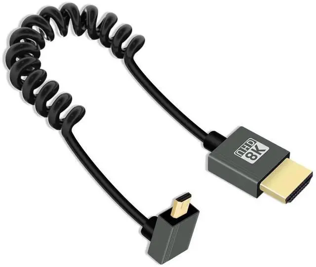 Main image of JAENFONG 8K Down Angle Micro HDMI to HDMI Cable 2.2FT, 270 Degree Short HDMI to Micro HDMI Cable, Coiled Hdmi 2.1 Cord 8K@60Hz 48Gbps for Camera/Camcorder/HDTV(Down Angle Black)