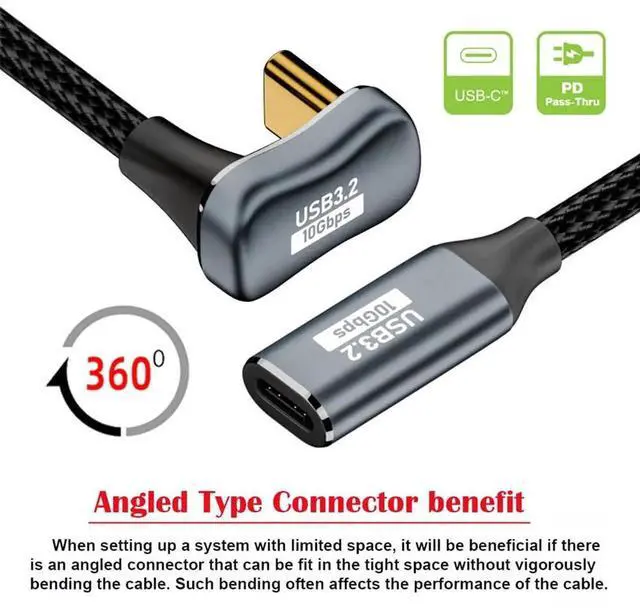 Alt view image 2 of 6 - JAENFONG USB 3.1 USB-C Type C Male to Female Cable 10Gbps Data Transfer, 100W PD Charging Cord 4K 60Hz Video Monitor Cable Opposite U Shape Back Angled with Sleeve for Laptop, Chromebook 3.0M