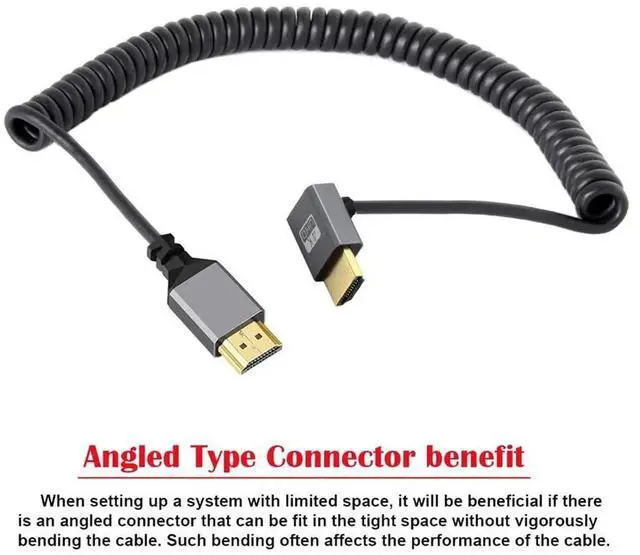 Alt view image 2 of 6 - JAENFONG 4K 60hz HDMI 2.0 Male to HDMI Male Stretch Coiled Cable Down Angled 90 Degree Connector for HDTV Monitor Computer Laptop