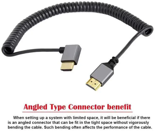 Alt view image 5 of 6 - JAENFONG 4K 60hz HDMI 2.0 Male to HDMI Male Stretch Coiled Cable Right Angled 90 Degree Connector for HDTV Monitor Computer Laptop