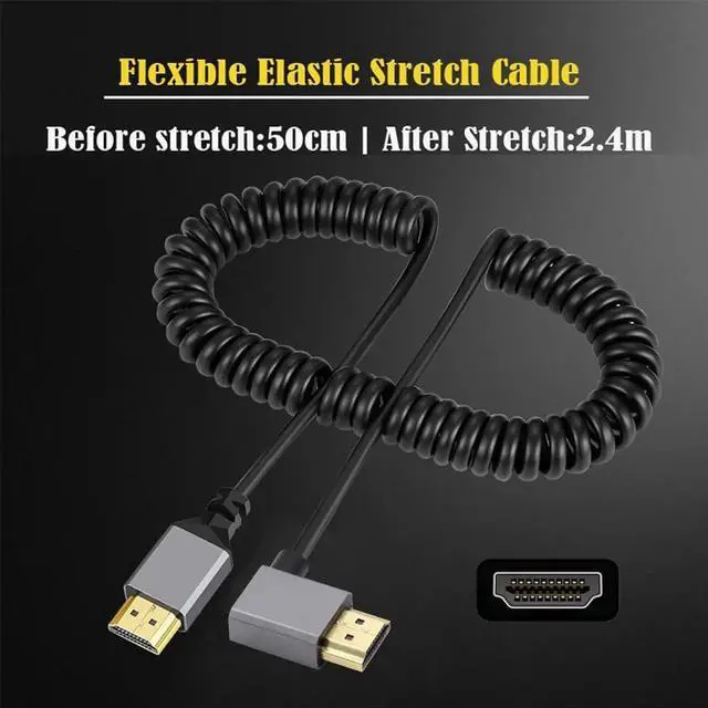Alt view image 3 of 6 - JAENFONG 4K 60hz HDMI 2.0 Male to HDMI Male Stretch Coiled Cable Right Angled 90 Degree Connector for HDTV Monitor Computer Laptop