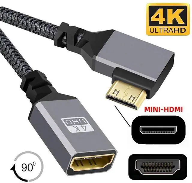 Alt view image 4 of 7 - JAENFONG 4K Mini HDMI 1.4 Male 90 Degree Left Angled to HDMI Female Extension Cable for DV MP4 Camera DC Laptop
