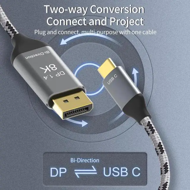 Alt view image 2 of 7 - JAENFONG Reversible DisplayPort to USB C Cable 8K, DP Source to USB 3.1 Type C Male Displays HDTV Cord for Laptop Monitor 1.8m