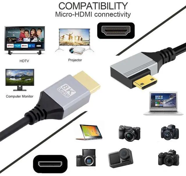 Alt view image 2 of 7 - JAENFONG Ultra Thin HDTV Cable 90 Degree Left Angled Mini HDMI 2.1 Type-A to Type-C 8K 4K Hyper Super Flexible Slim Cord for Camera HDTV 0.5m/1.5ft