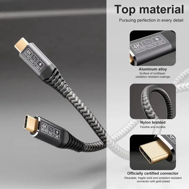 Alt view image 3 of 7 - JAENFONG USB C Cable 10ft, Long C 3.2 Gen 2x2 Monitor Cable 4K, 20Gbps Data Transfer 100W Fast Charging, Compatible With Oculus Quest, MacBook Pro, HP, Portable Monitor